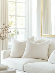 White sofa in a living room with a large window in the background. the window has white curtains and a gold framed mirror hanging on the wall above it.