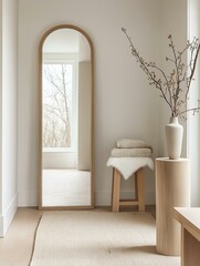 Corner of a room with a large arched mirror hanging on the wall. the mirror is made of wood and has a light brown finish. it is framed by a white wall with a beige carpet on the floor.