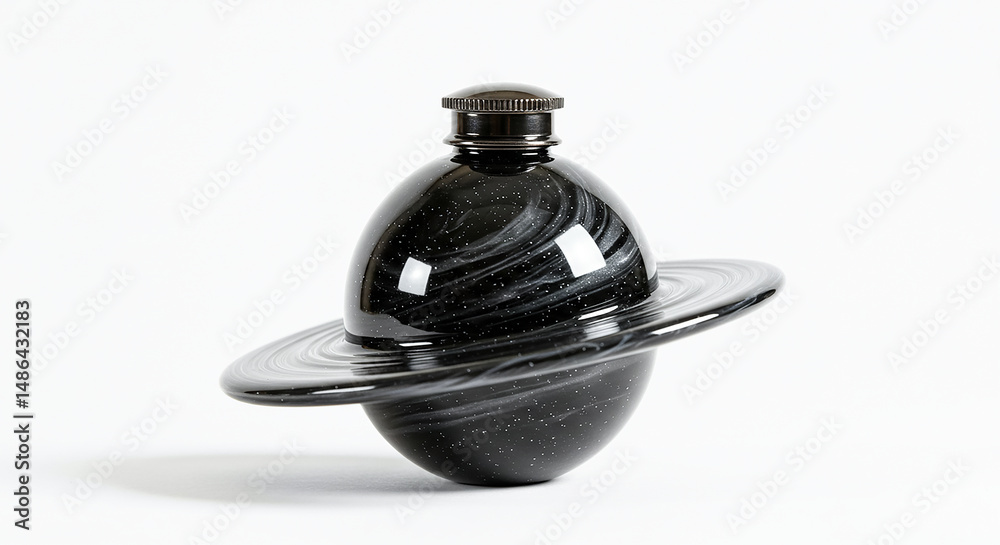 Poster glass planet model with rings rotating on white background