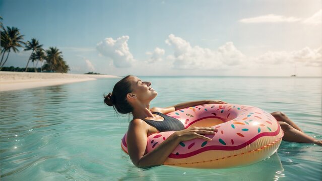 Woman relaxing on inflatable donut float in the sea during summer vacation.