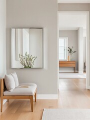 Fototapeta premium Modern and minimalistic living room with a large mirror hanging on the wall above a wooden bench. the bench is made of light-colored wood and has two white cushions on it.