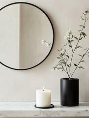 White marble countertop with a round mirror hanging on the wall above it. on the countertop, there is a black vase with white flowers and green leaves. next to the vase, there are two white candles.