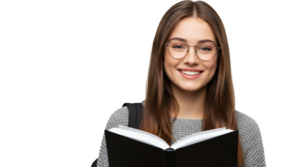 Young smiling female student wearing glasses holding an open book and looking straight, isolated on transparent background