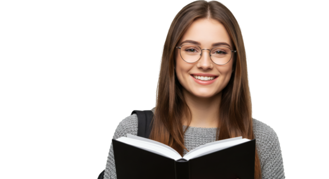Young smiling female student wearing glasses holding an open book and looking straight, isolated on transparent background