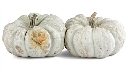 Two small, light gray pumpkins with mottled, uneven coloring