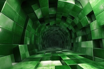 Tunnel with spinning green blocks creating a seamless grid pattern in an abstract environment, 3d tunnel spinning smooth green blocks grid, seamless