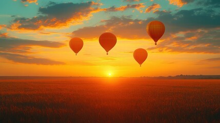 Fototapeta premium Four hot air balloons float above a golden field at sunset