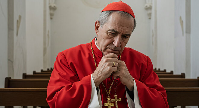 Cardinal praying in church wearing red cassock and holding rosary beads