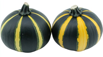Two small, striped gourds, dark green and bright yellow stripes,  close-up