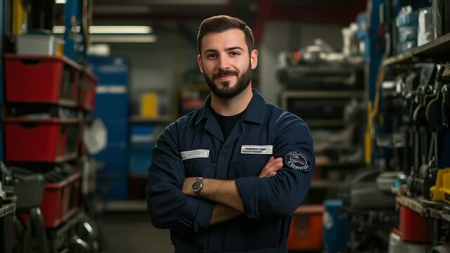 Portrait of auto specialist in navy jumpsuit with name patch, arms crossed, surrounded by brake pads, drive belts, and open tool drawers