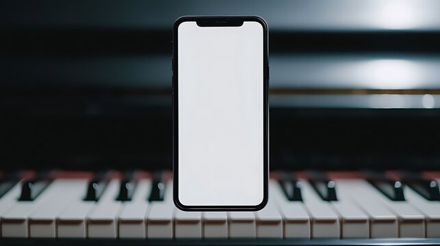 Smartphone with a white screen centered over piano keys creating an impression. The device's sleek design contrasts with the keys.