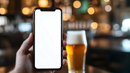 Smartphone at the bar, blank screen mockup. Hand holding phone next to a beer. Great for advertising or app display.  Editable screen for your content.
