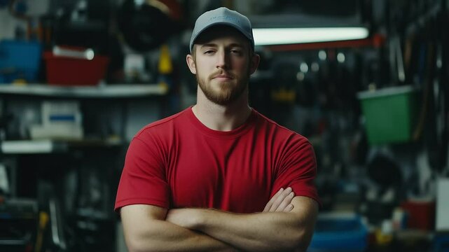 Mechanic with sleeves rolled up stands confidently near wall of hanging tools and engine parts, proud of hands-on craftsmanship