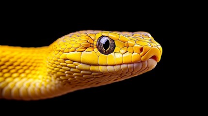 Obraz premium Yellow snake displays its head with visible scales and distinctive brown eye against a dark background.