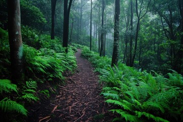Fototapeta premium Experience the serene beauty of Minnamurra rainforest trail in Jamberoo, Australia during a misty morning, Australia rainforest of Minnamurra trail in Jamberoo, NSW