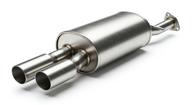 Double exhaust pipe muffler lying on white background