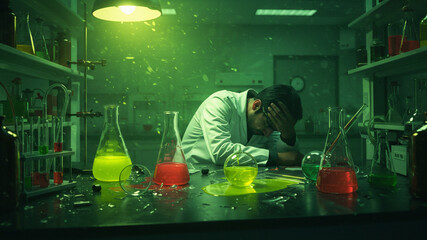 Stressed or Frustrated Scientist in Chaotic Science Laboratory with Broken Glassware - Failed Experiment Concept