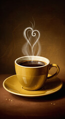 Retro Vintage Coffee Cup Illustration with Heart Shaped Steam - Warm Beverage Art