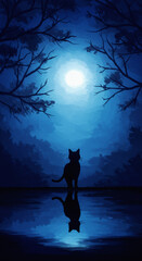 Silhouette of Cat by Water with Bright Moon and Trees at Night - Blue Landscape Art
