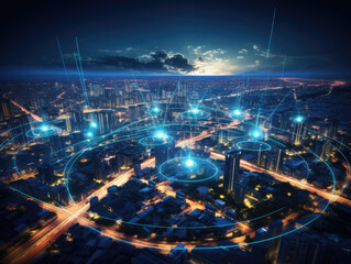 Aerial view of a city at night, networked with glowing blue data streams