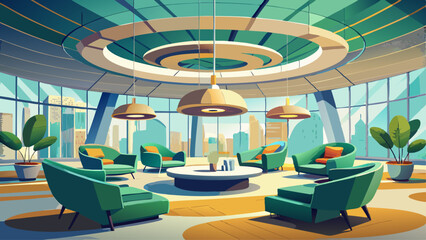 Fototapeta premium Modern spacious office lounge with green armchairs, round tables, and sculptural ceiling in high-rise building interior, showcasing minimalist design style. 3D