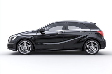 Obraz premium Sleek black hatchback, side view, pristine, against white backdrop. Modern vehicle design