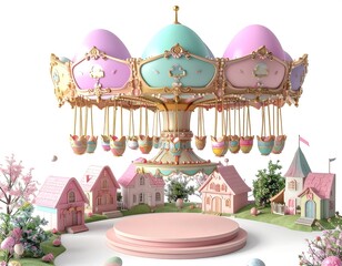 Fototapeta premium Pastel Easter Carousel with Miniature Houses and Decorative Eggs on White Background