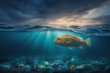 Obraz premium Underwater fish swimming in polluted ocean with sunlight breaking through dark clouds at twilight