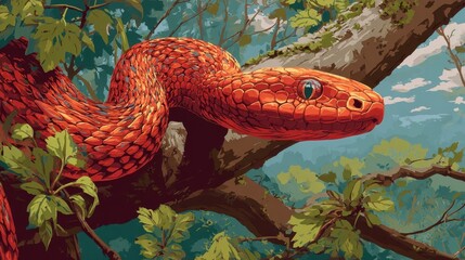Vibrant illustration of a red snake on a tree branch.