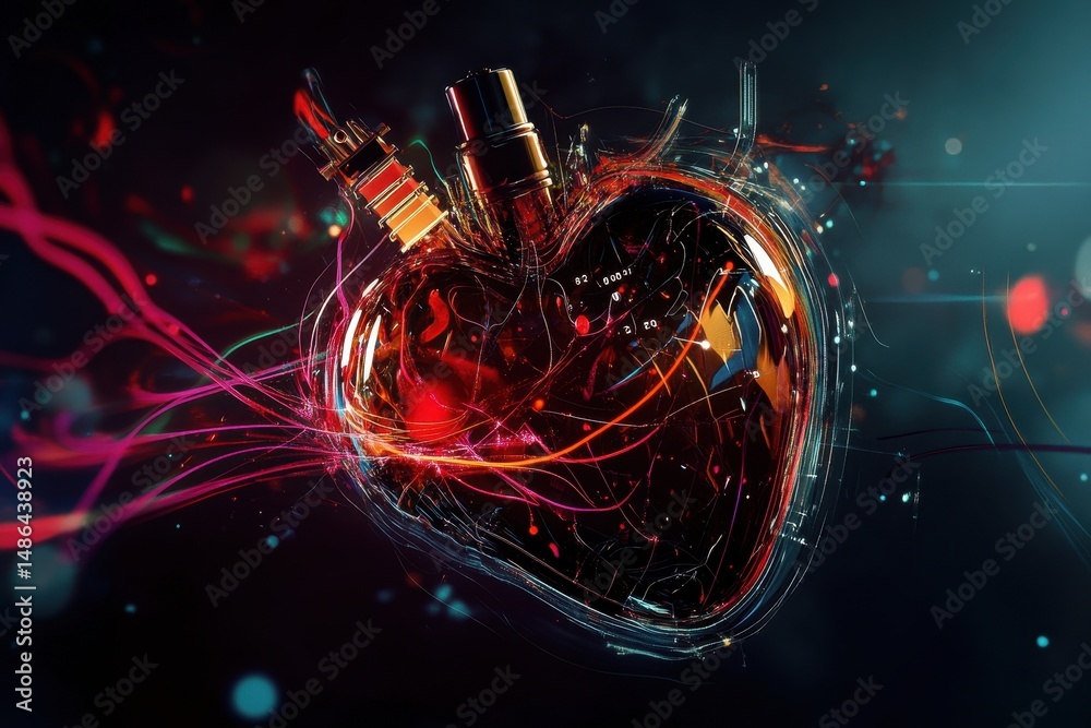 Poster abstract visualization of a pacemaker imp in a dynamic and colorful representation of the human hear