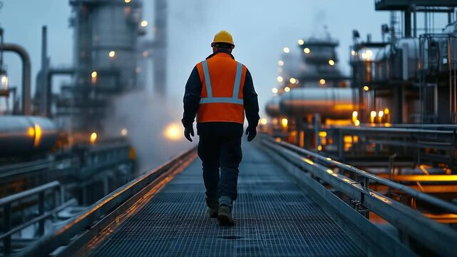 Industrial scene showing engineer from behind as he strides on a grated walkway, framed by massive silver tanks, pipe networks, and flickering refinery lights during early morning