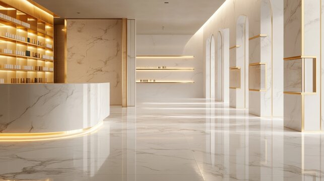 Luxurious cosmetic store interior featuring polished marble floors and chic gold shelving, designed for an upscale shopping experience