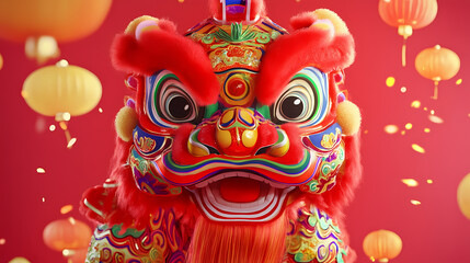 Obraz premium A stunning display of a colorful lion dance costume against a red backdrop symbolizing joy and tradition. [Urban Beasts] | Brickmane Pride | red lions. Illustration