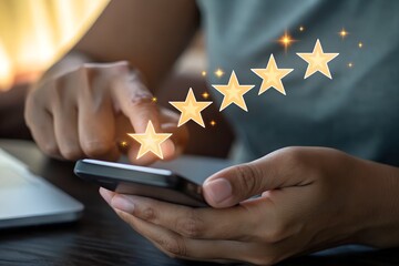Customer review good rating feedback concept, A person using a smartphone to leave a 5-star review, with emphasizing online feedback. testimonial and testimony, user comment and feedback for review.