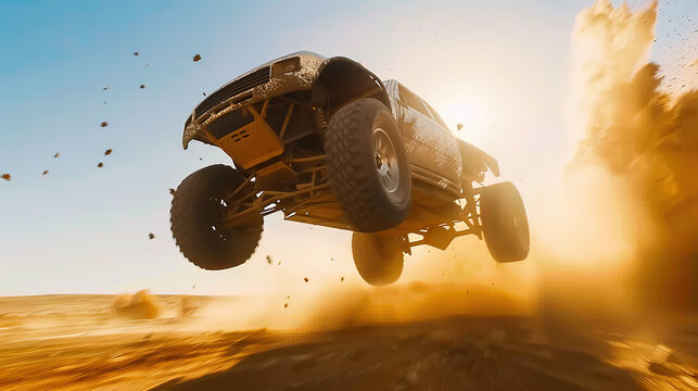 Stunt performer jumping in mid-air during intense car chase with flying dust and debris, action-packed adrenaline rush and high-speed motion concept.