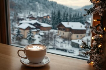 Cozy winter morning with a cup of coffee by the fireplace overlooking a snowy village, Cup of coffee on table with fireplace and snowy village view Cozy and serene winter concept