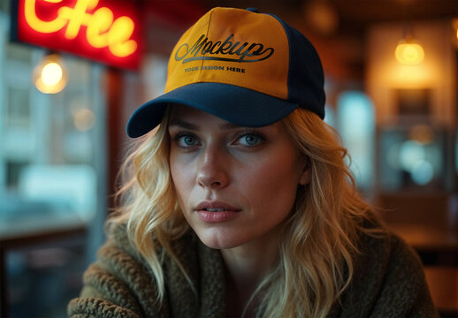 Baseball Cap Mockup on Model &ndash; Urban Café Ambient Lighting