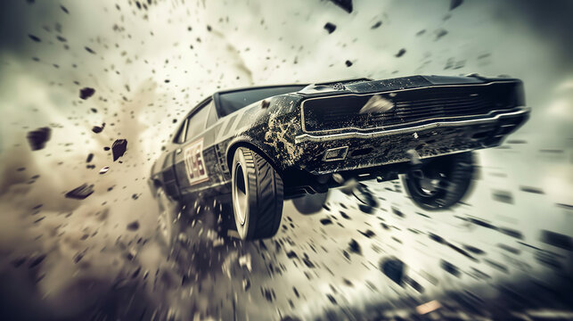 Stunt performer jumping in mid-air during intense car chase with flying dust and debris, action-packed adrenaline rush and high-speed motion concept.