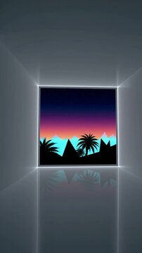 Fen&ecirc;tre lumineuse ouverte sur un paysage n&eacute;on de pyramides et palmiers au coucher du soleil

