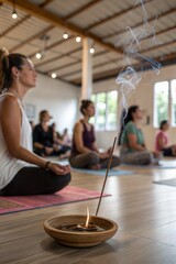 Burning incense stick in foreground with a group meditating during yoga practice in background Wellness*