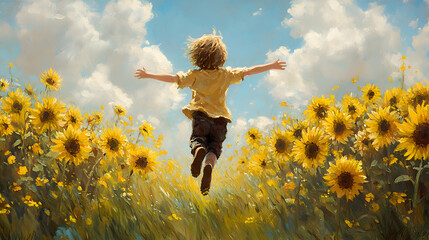 A child running joyfully through a field of sunflowers, their arms outstretched under a bright spring sky