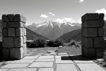 Stone patio infinity edge, mountain vista  Clean lines, simple furniture, fire pit  Serene, upscale,  view,  serene