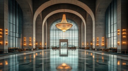 Grand hall, modern architecture, polished floors, arched ceilings, large windows