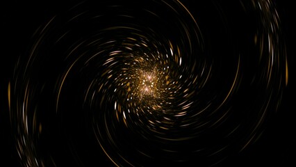 Futuristische goldgelbe leuchtende Lichtpartikel die sich im spiralförmig Zentrum bündeln – Abstrakte Hightech-Visualisierung für moderne Technologiekonzepte, Technologie, Wissenschaft, Forschung
