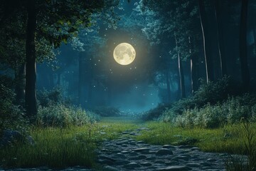 Full moon casts gentle light on a serene forest clearing surrounded by tall trees and lush greenery at night, Full moon illuminating a tranquil forest clearing at night Nighttime nature concept