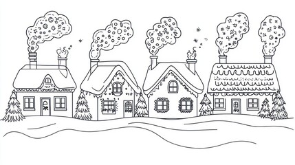 Fototapeta premium Snowy cartoon houses, winter village, illustration, coloring book, kids, educational, printable, background