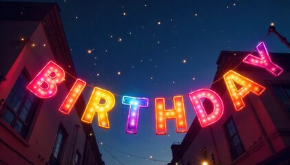 Vibrant rainbow hues radiate around a festive birthday banner, casting a warm, celebratory glow ,  glow,  banner