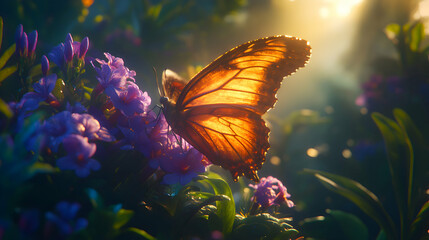 A close-up of a butterfly perched on a vibrant purple flower, with sunlight illuminating its wings