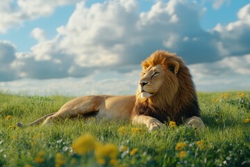 Naklejka premium Majestic lion resting on lush green pasture under a blue sky with fluffy clouds, a lion lying down on a green pasture seamless ing time-lapse virtual Photo Background