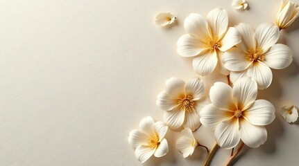 Fototapeta premium Subtle embossed cream flowers on textured linen , light, shabby chic, subtle